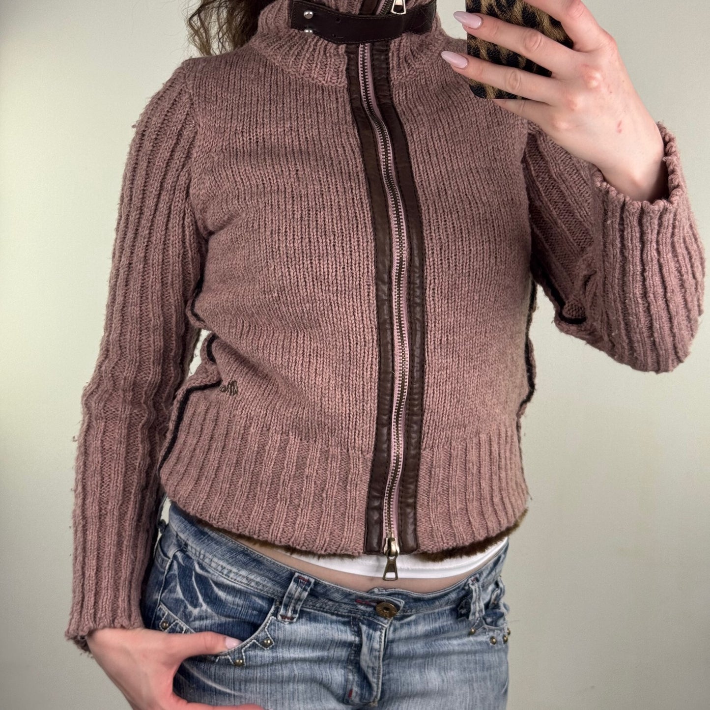 Y2K vintage Miss Sixty zip up jumper chunky knit wool high roll neck faux fur