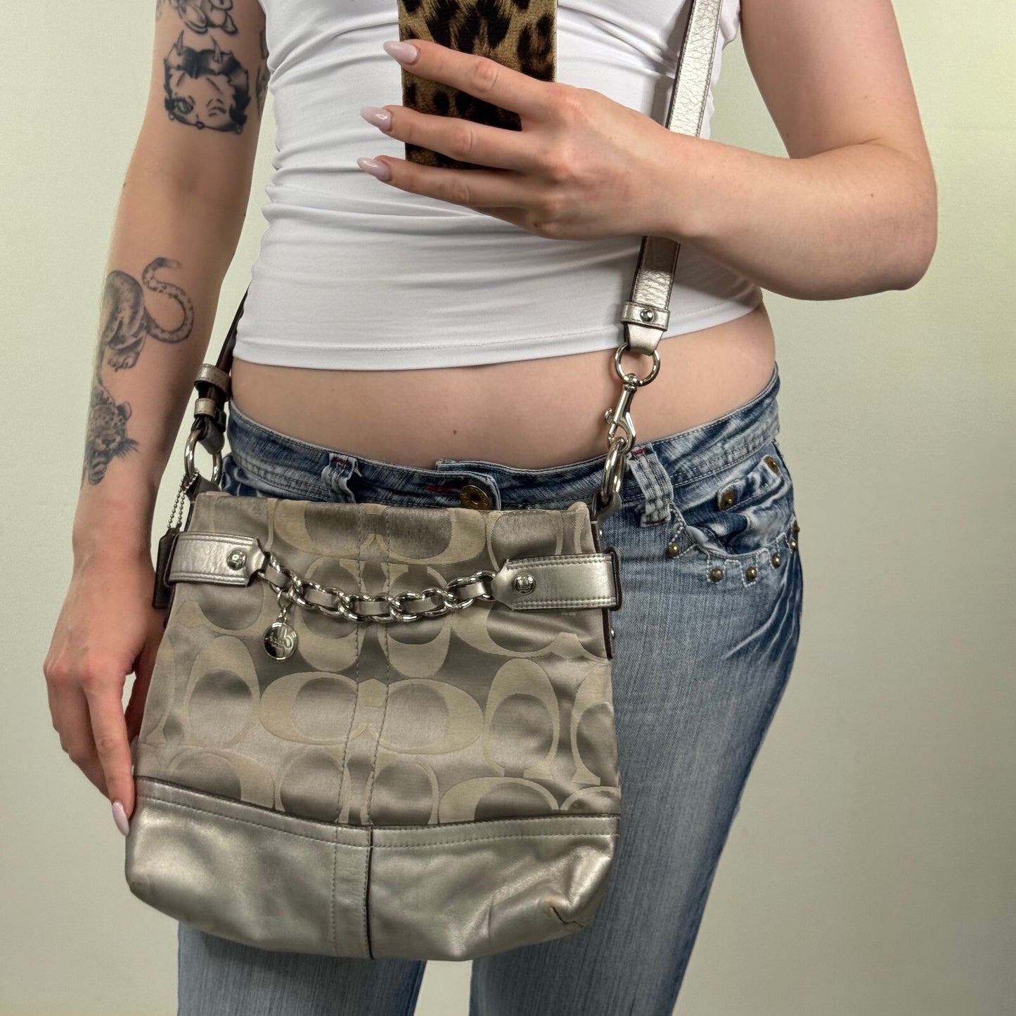 Vintage Coach Monogram Canvas Leather Metallic Crossbody Bag Chain Strap Zip