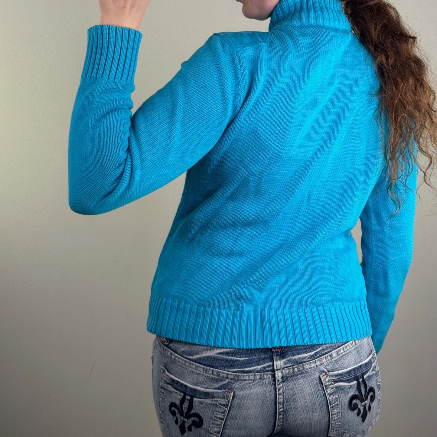 Y2K vintage Lauren Ralph Lauren zip up jumper knit cargo pocket high neck blue
