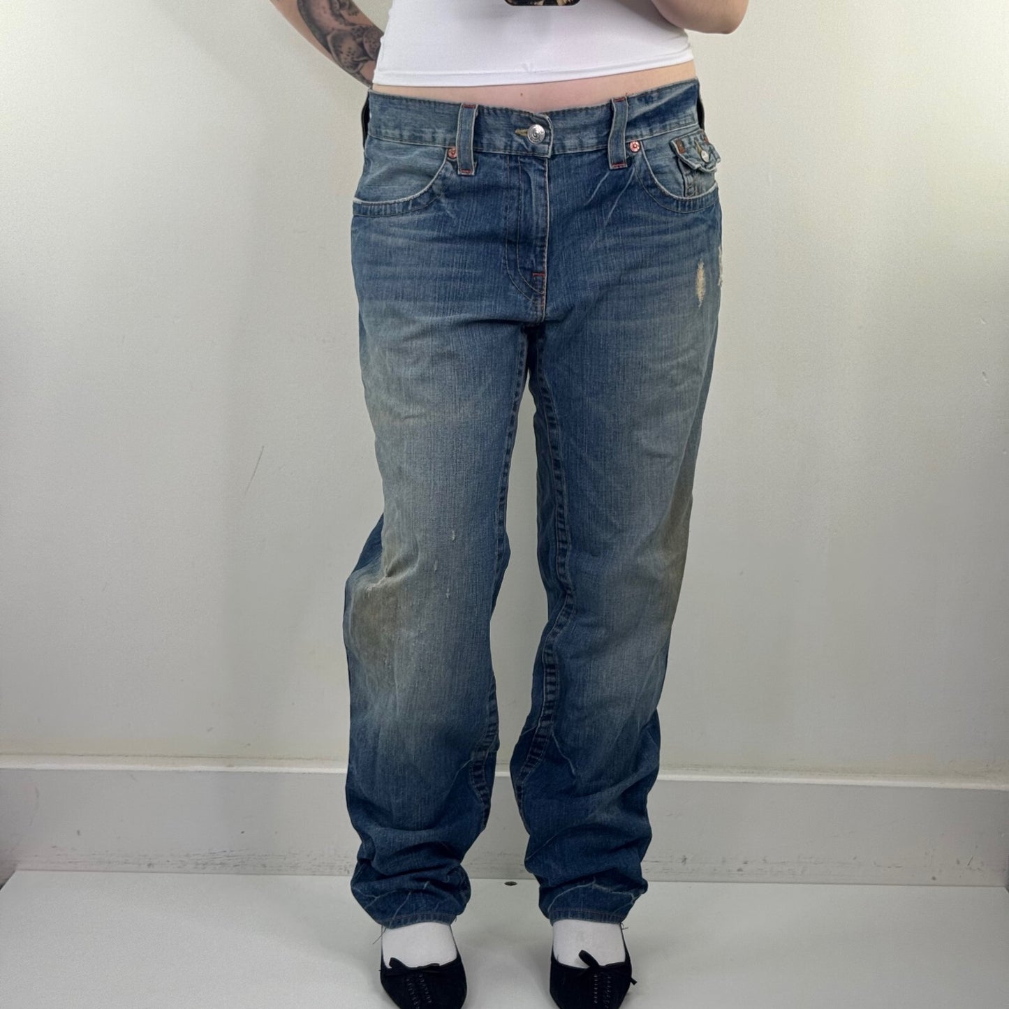Y2K vintage True Religion bootcut jeans faded blue denim wash embroidered Billy