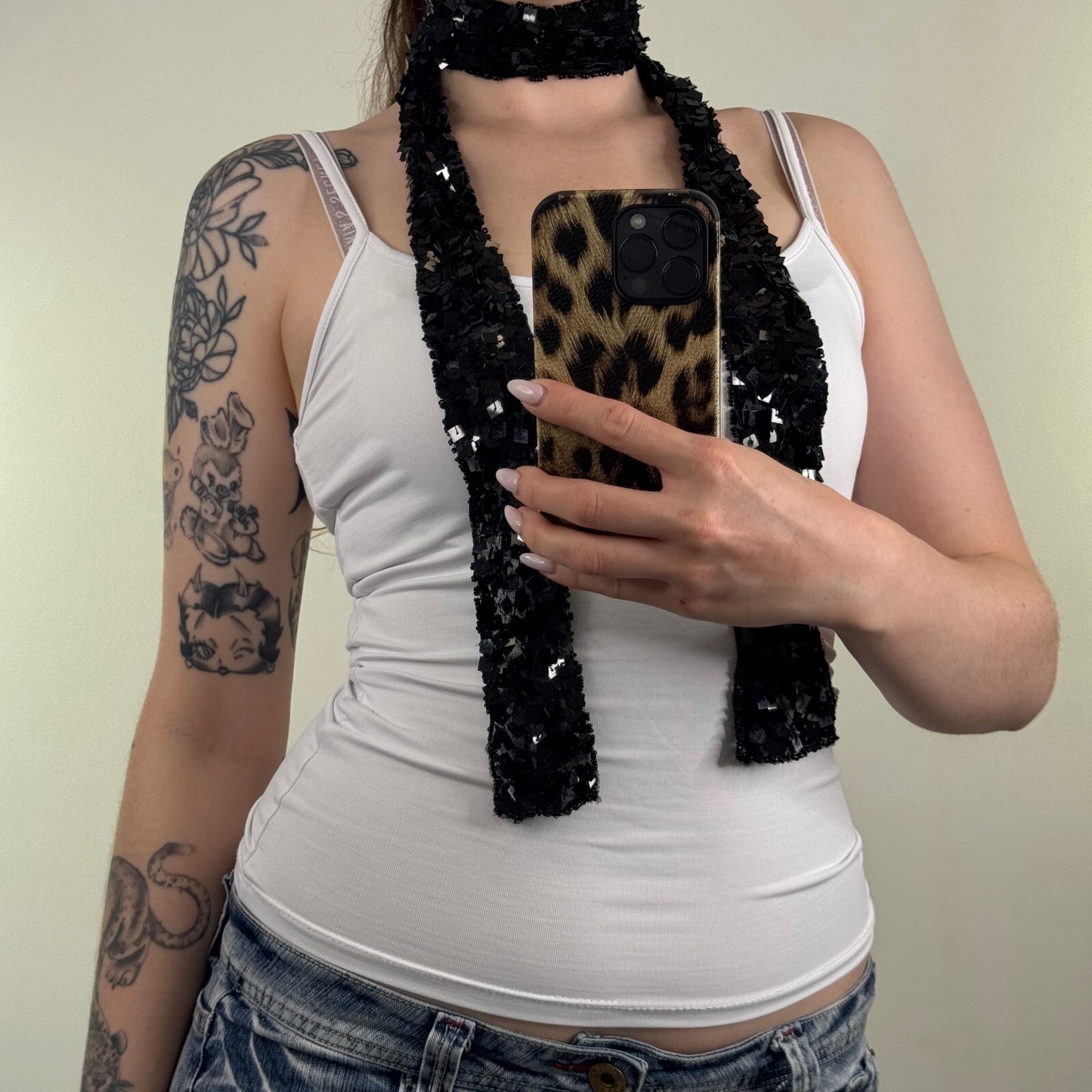 Y2K vintage scarf sequin skinny thin beaded mesh