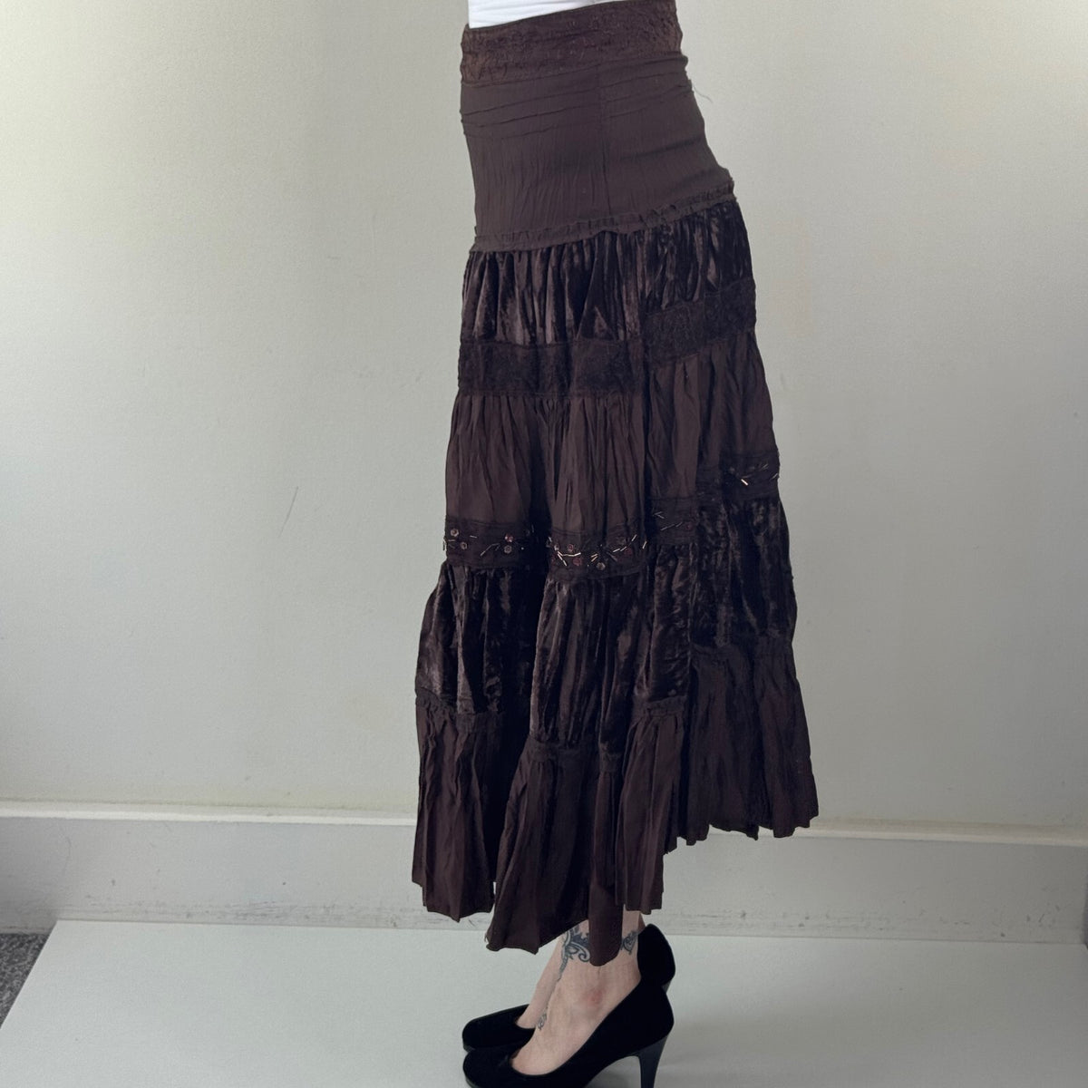 Y2K vintage maxi skirt boho a line tiered sequin velvet coquette fairy brown