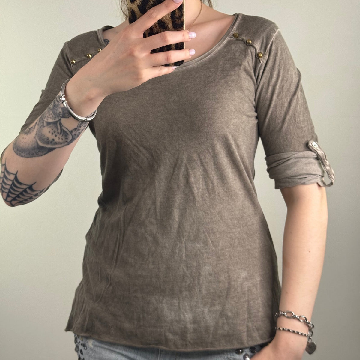 Y2K vintage long sleeve top studded khaki rolled up scoop neck