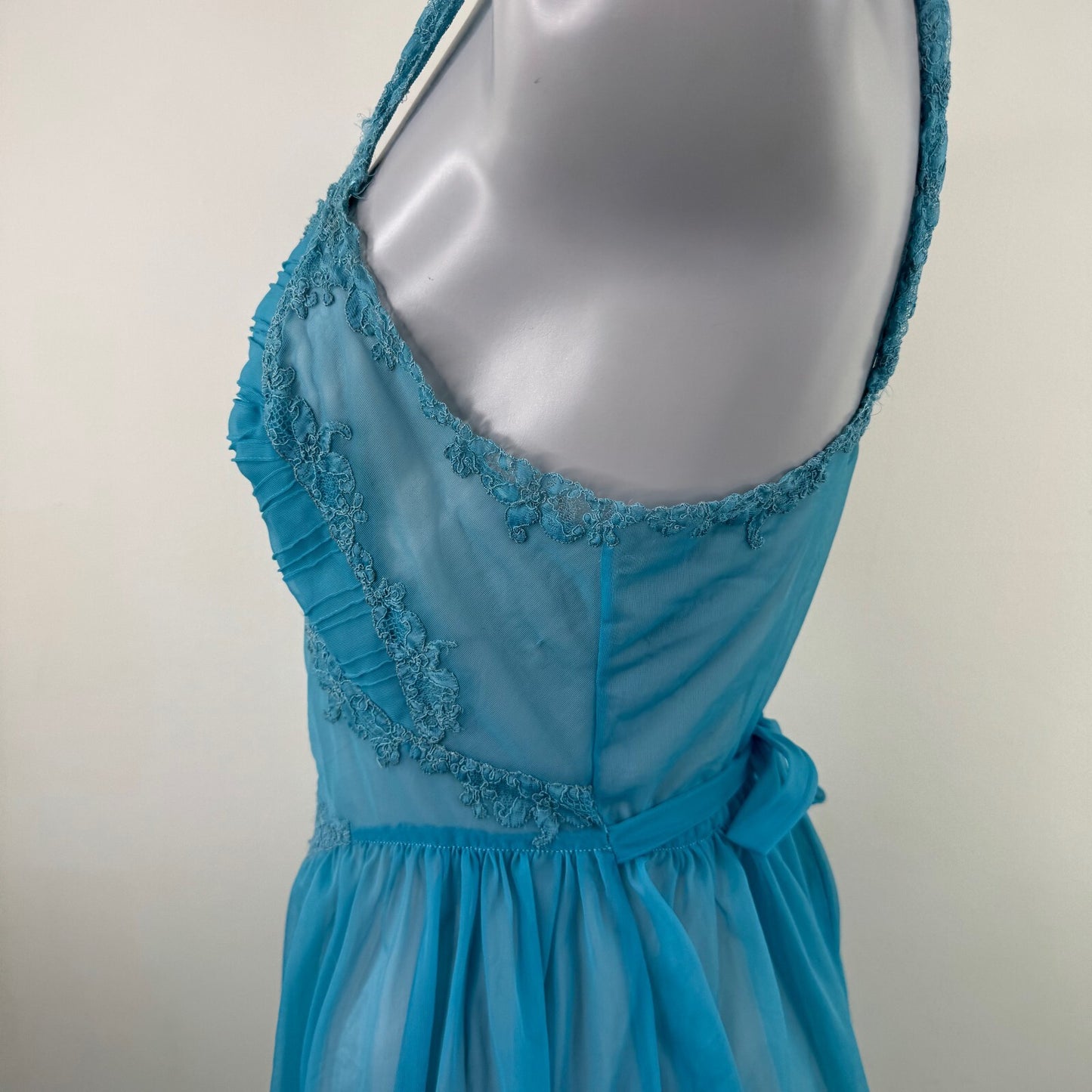 Vintage lingerie sheer maxi dress mesh lace trim bow coquette chiffon nightdress