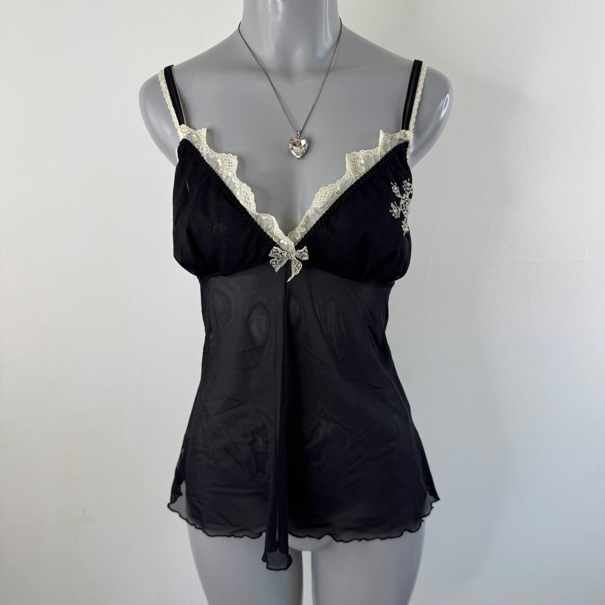Y2K vintage cami top mesh snowflake sequin lace trim bow sheer winter christmas