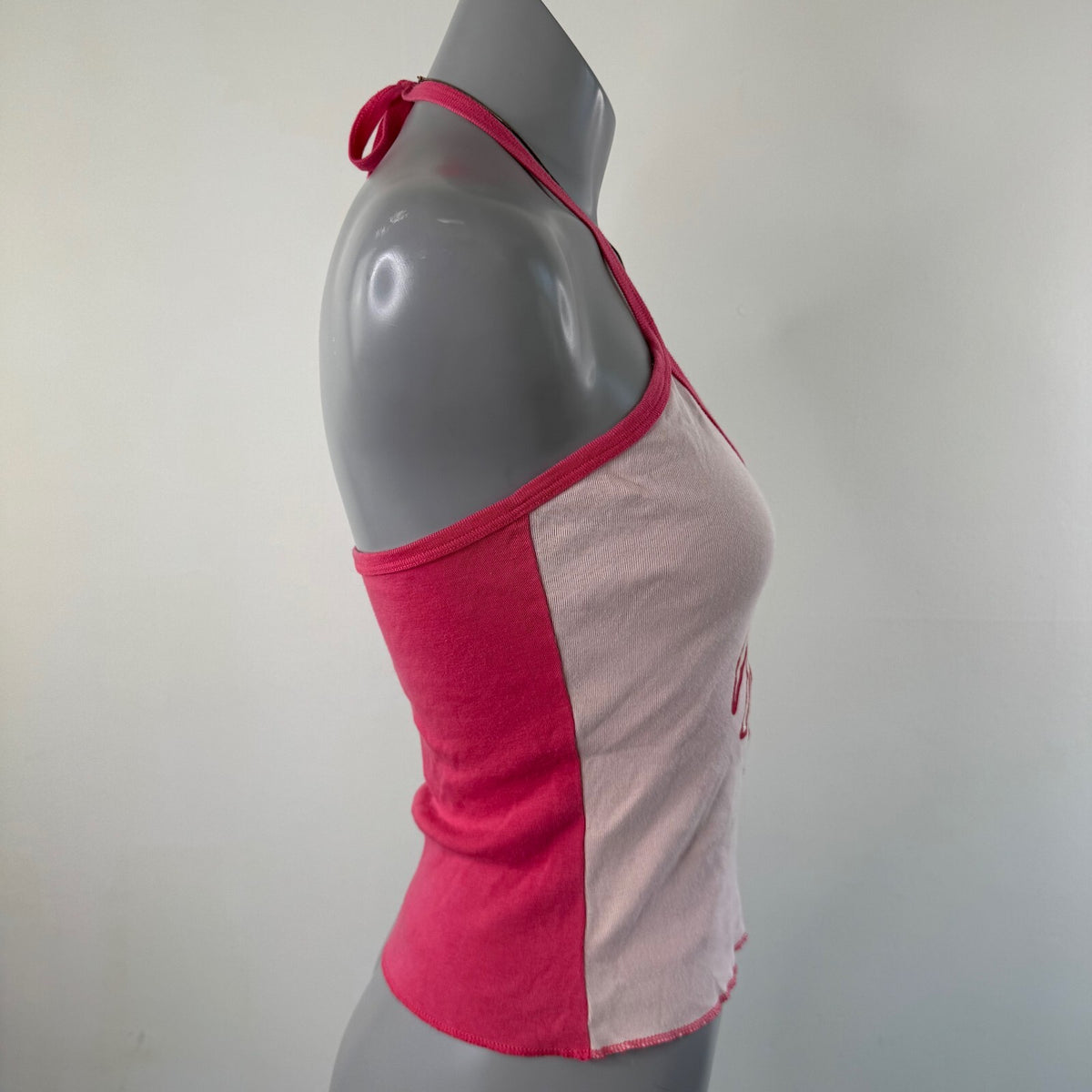 Y2K vintage Roxy halter top v neck sparkly pink two tone bow sporty logo