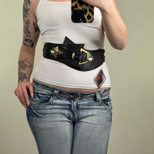 Vintage genuine leather belt chunky rhinestone buckle asymmetrical croc oversize