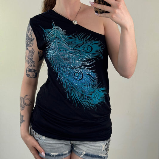 Y2K vintage Jane Norman top one shoulder short sleeve peacock feather rhinestone