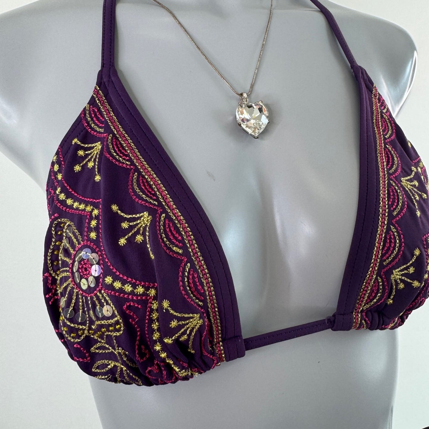 Y2K vintage bikini set matching sequin embroidered tie bow boho halter
