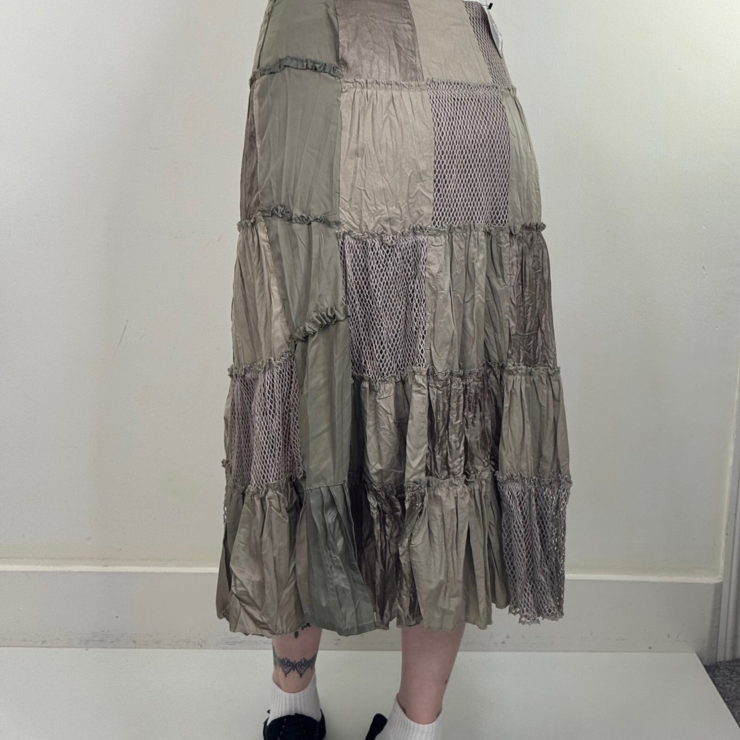 Y2K vintage maxi skirt patchwork satin fishnet khaki crinkle a line boho
