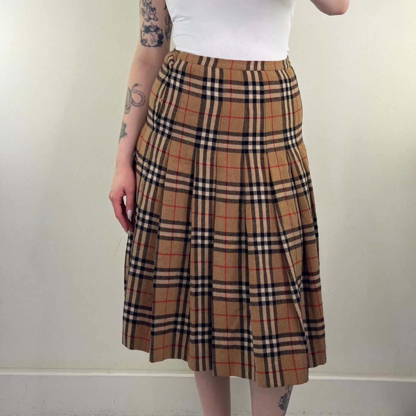 Y2K vintage midi skirt nova check print wool knit pleated a line beige