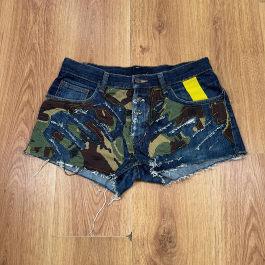 Y2K vintage denim mini shorts cam mid rise patchwork distressed fraying hem