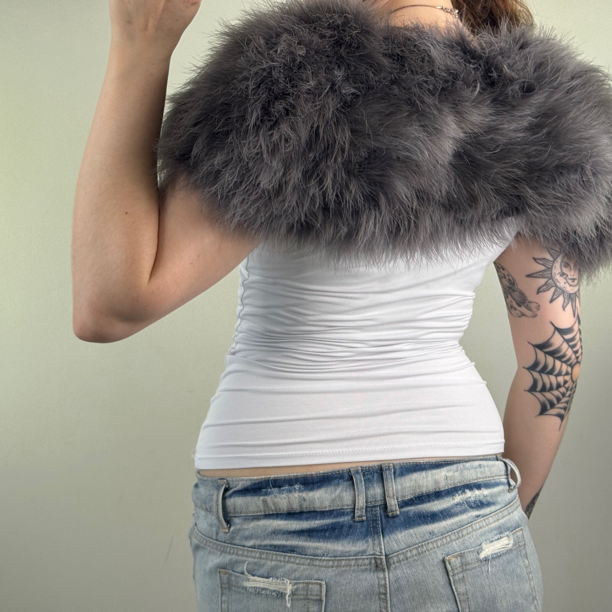 Y2K vintage feather shawl bolero grey super crop short sleeve open front
