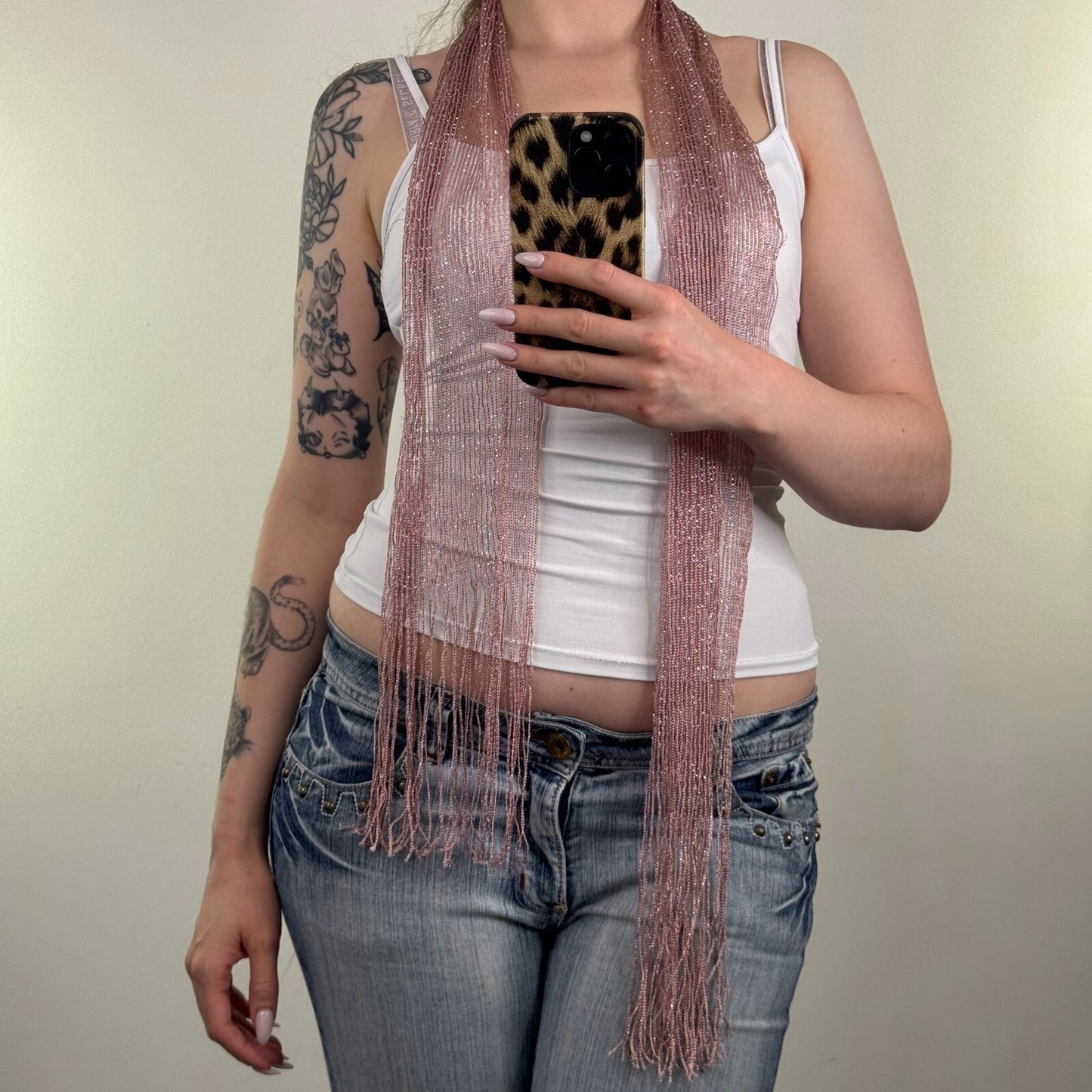 Y2K vintage scarf sheer fine knit sparkly glitter fringe blush pink