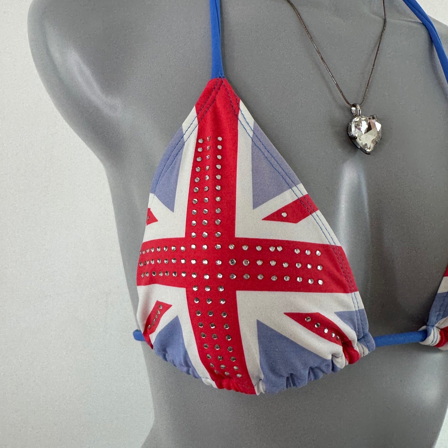 Y2K vintage bikini top union jack rhinestone pink blue halter neck tie