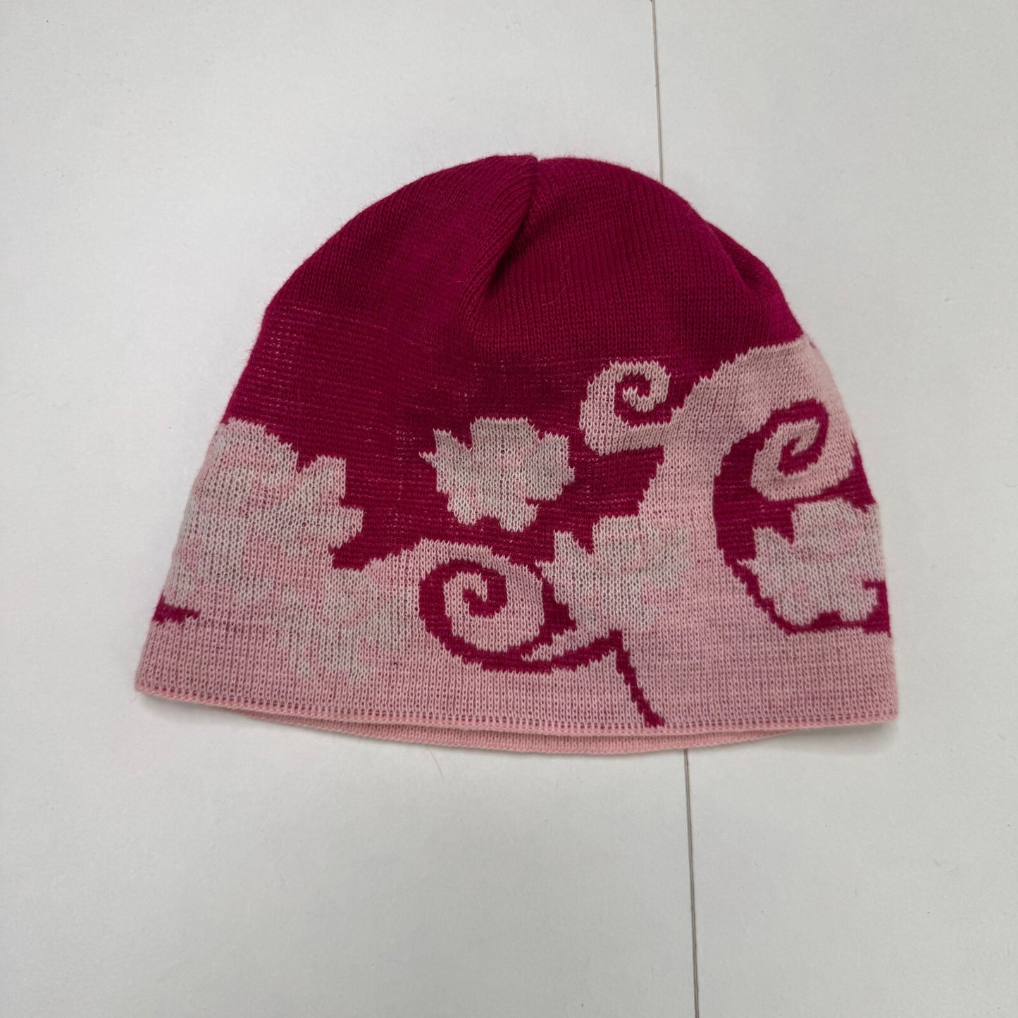Y2K vintage beanie hat wool blend knit cloud angel print pink light