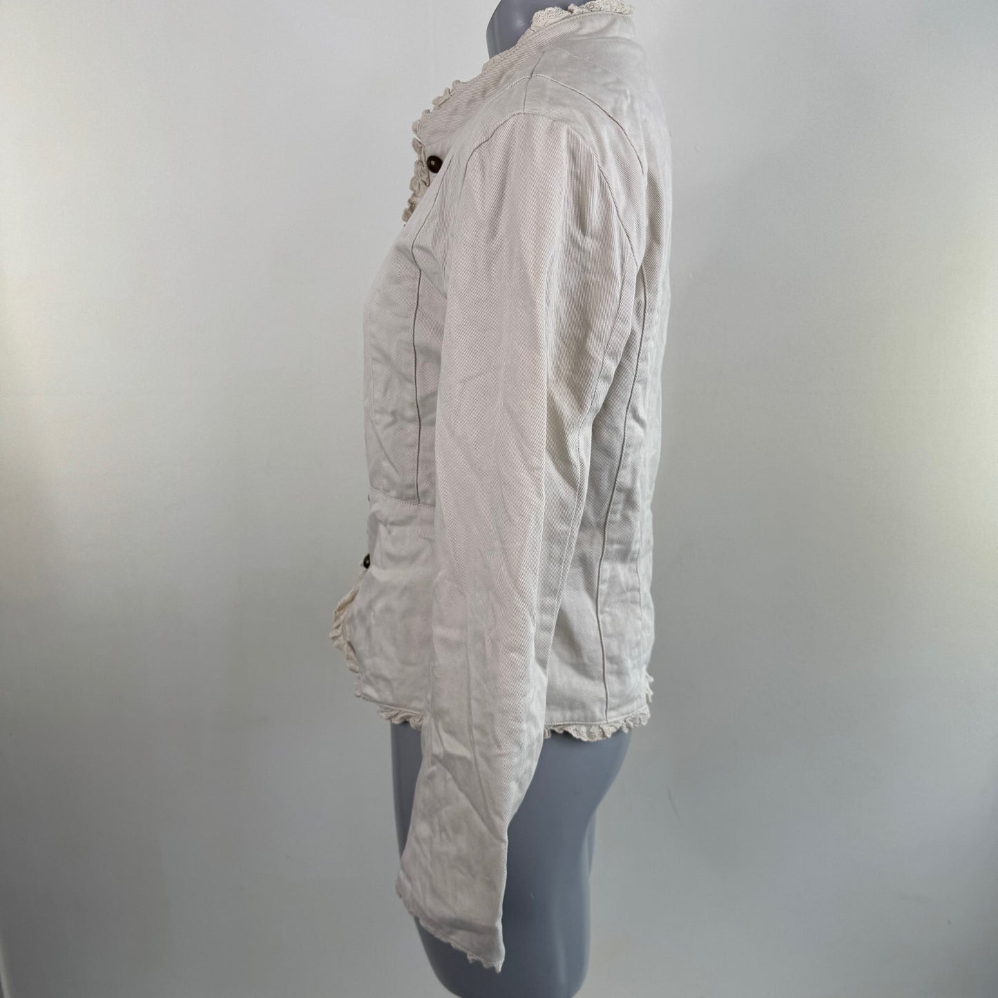 Y2K vintage military denim jacket hook and eye ruffle hem broderie anglaise