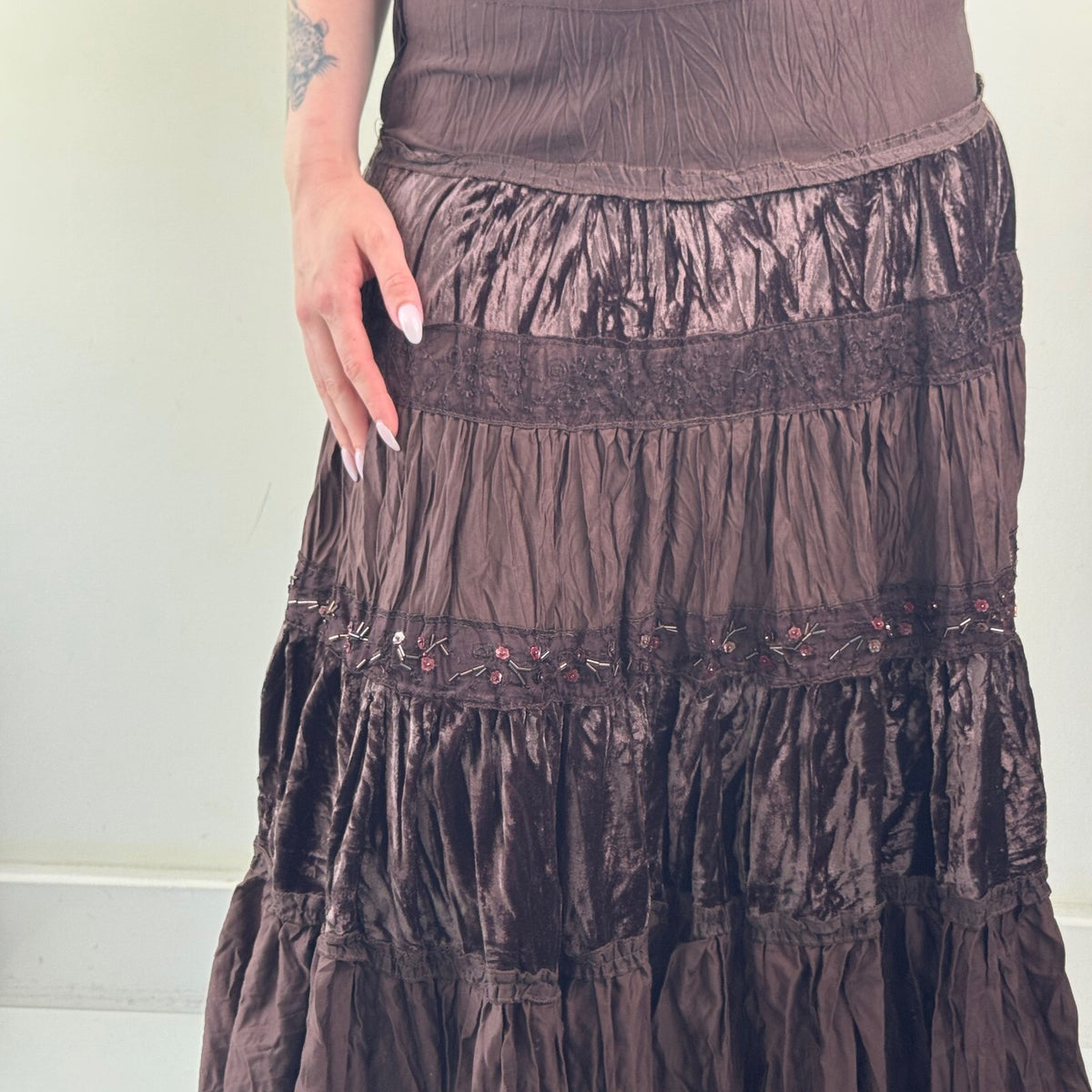 Y2K vintage maxi skirt boho a line tiered sequin velvet coquette fairy brown