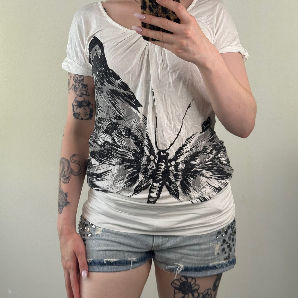 Y2K vintage t-shirt short sleeve top slouchy open back butterfly print ruched