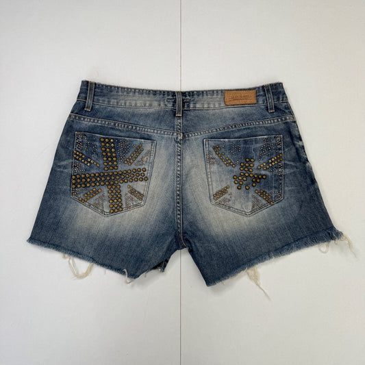 Y2K vintage denim mini shorts studded Union Jack fraying hem mid rise faded wash