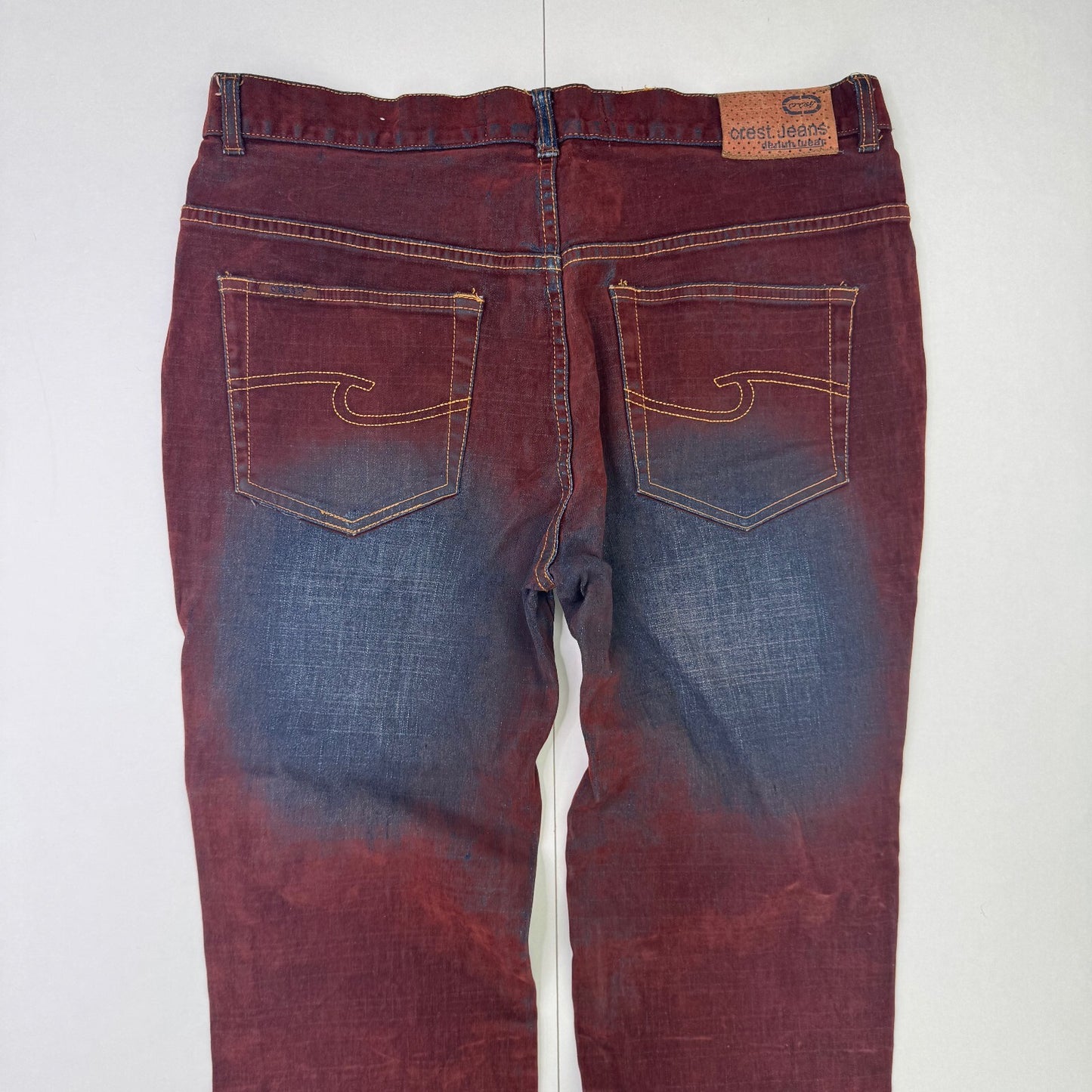 Y2K vintage faux suede jeans denim straight leg blue burgundy contrast stitch