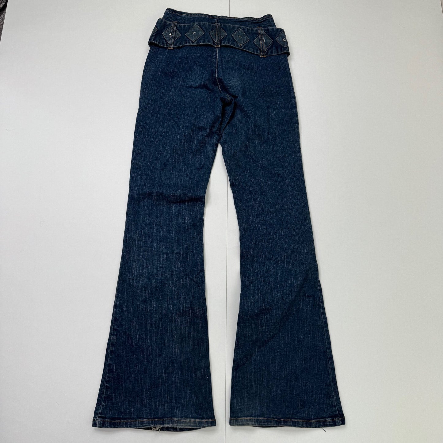 Y2K vintage bootcut denim jeans dark blue wash with chunky belt studs mid rise