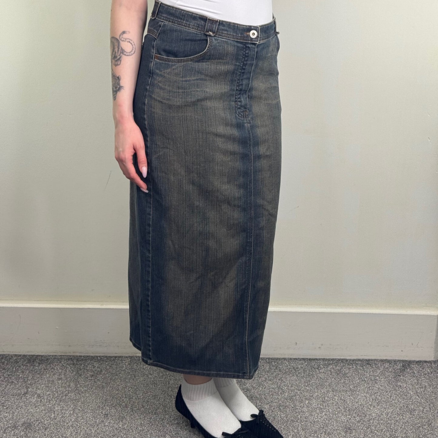 Y2K vintage denim maxi skirt denim dirty blue wash stretchy slit full length