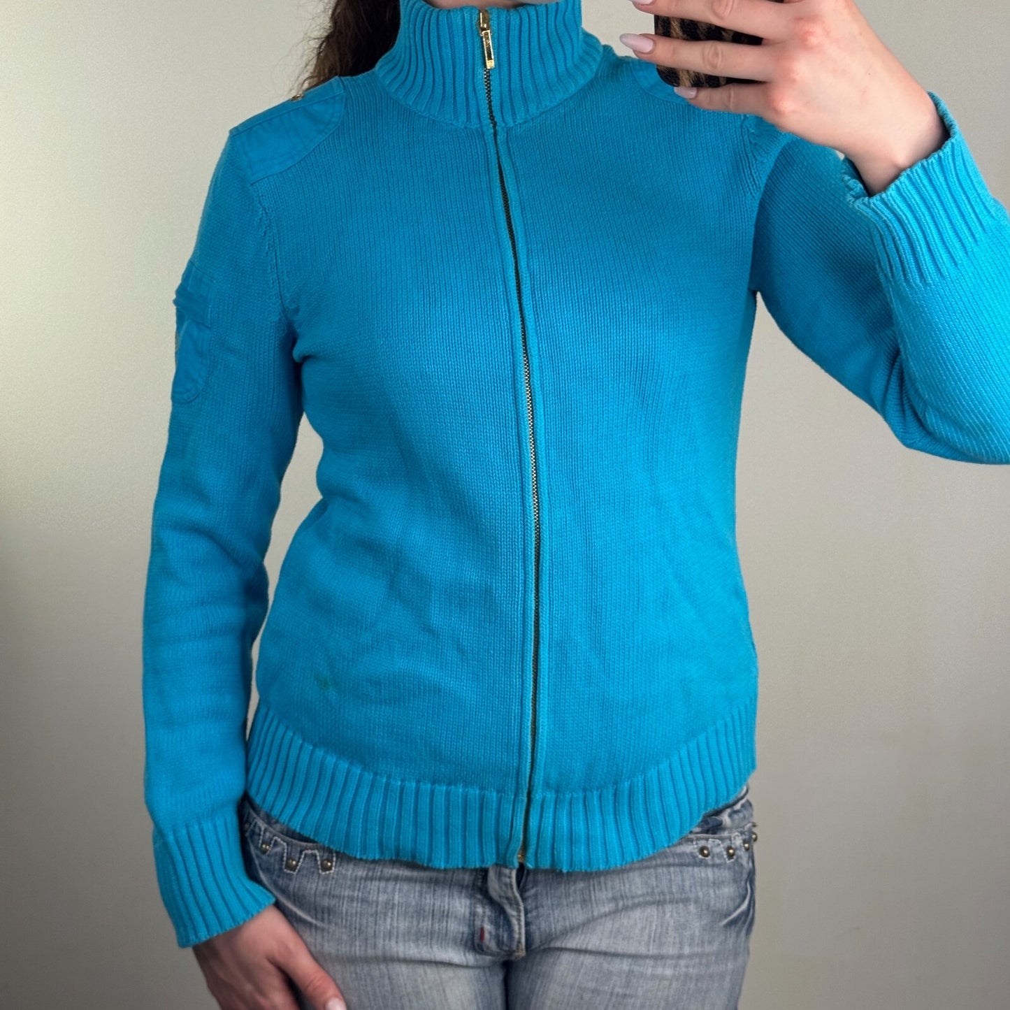 Y2K vintage Lauren Ralph Lauren zip up jumper knit cargo pocket high neck blue