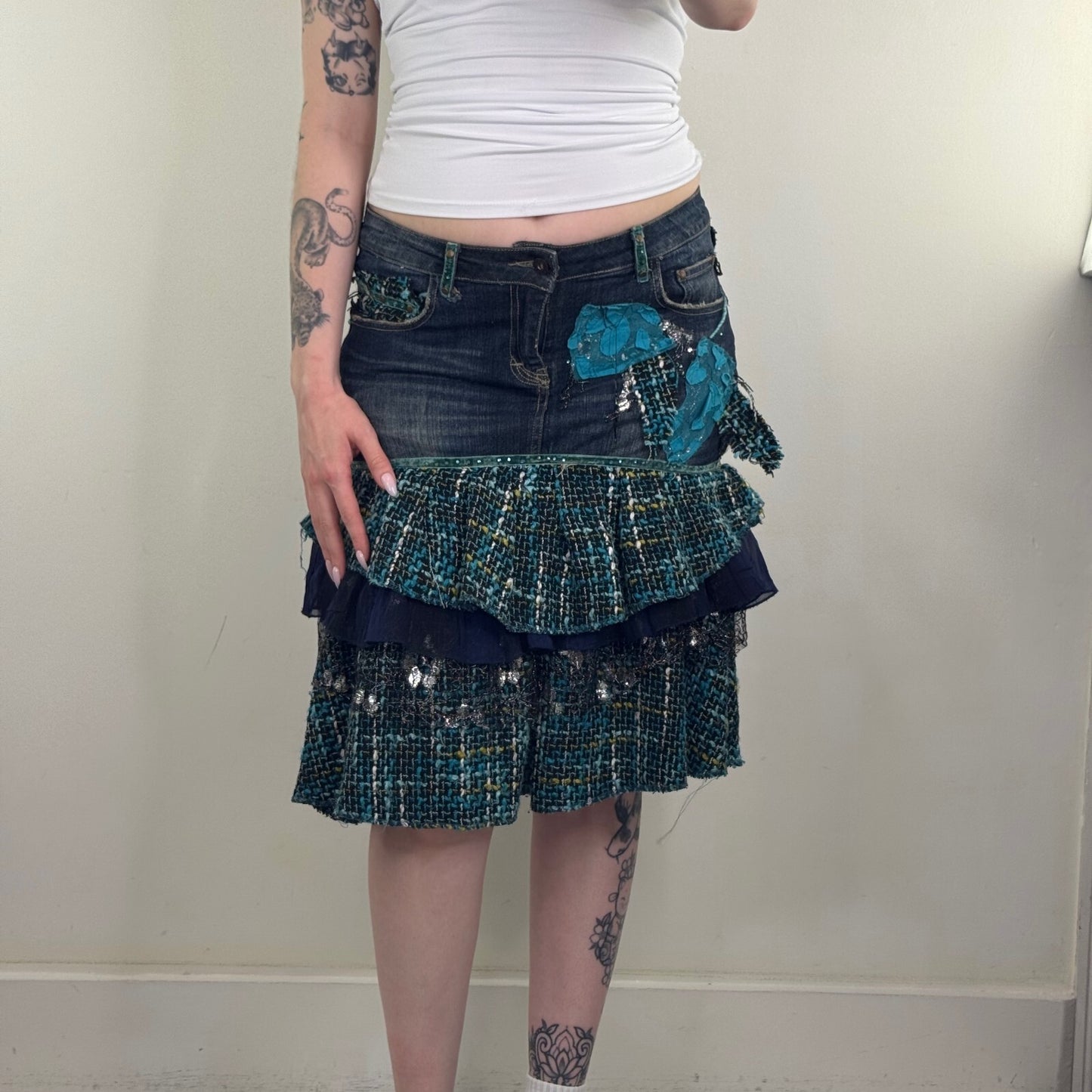 Y2K vintage midi skirt denim tartan patchwork tiered floral layered boho faded