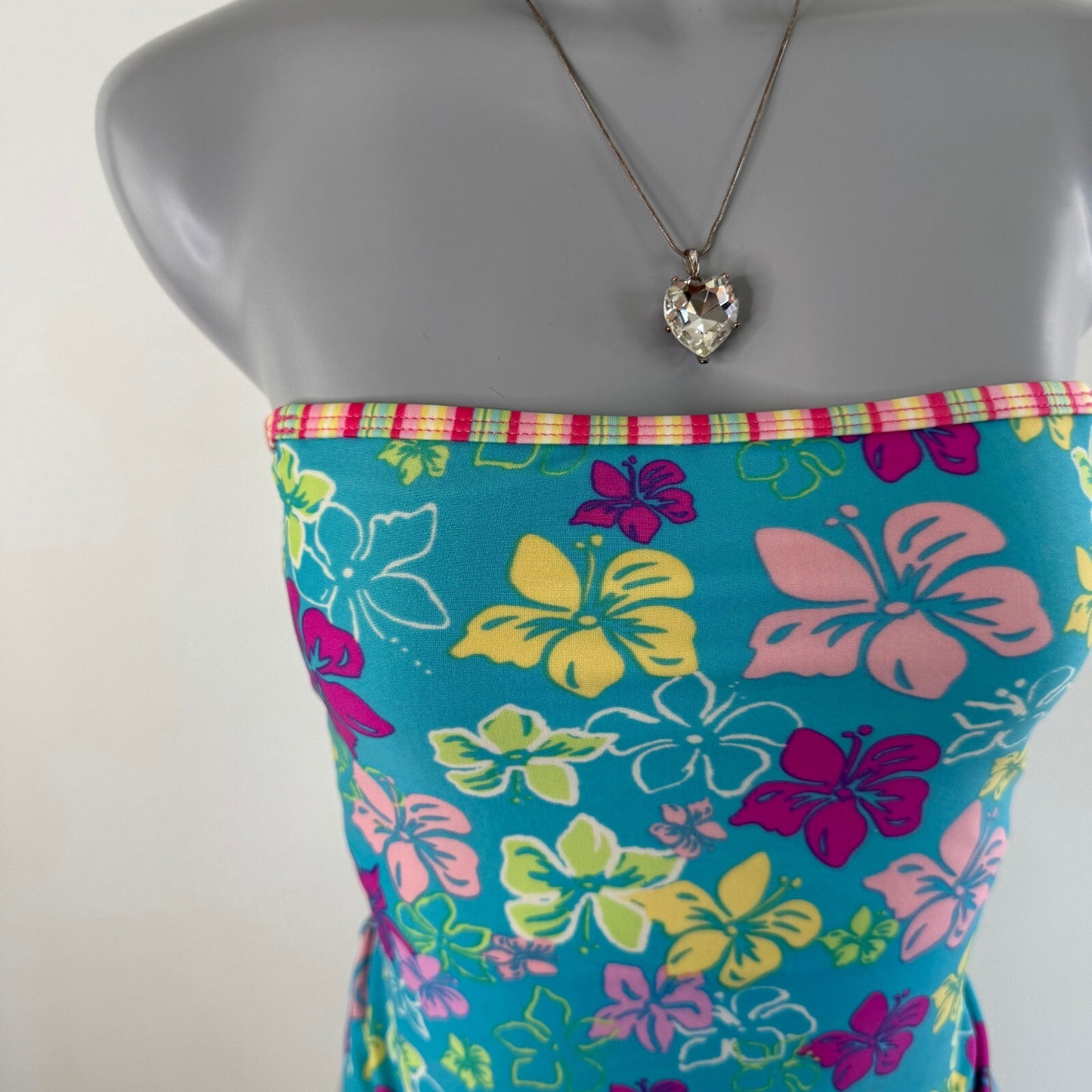 Y2K vintage tankini top strapless hibiscus floral stripe