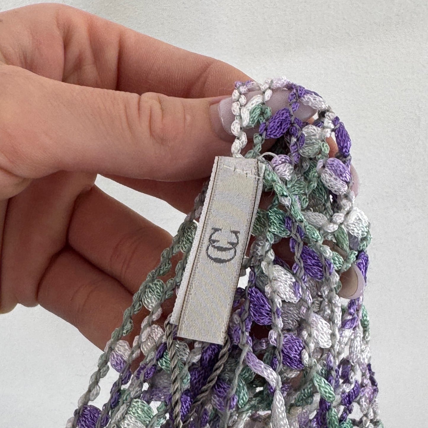 Y2K vintage scarf sheer fine knit fringe purple green skinny thin