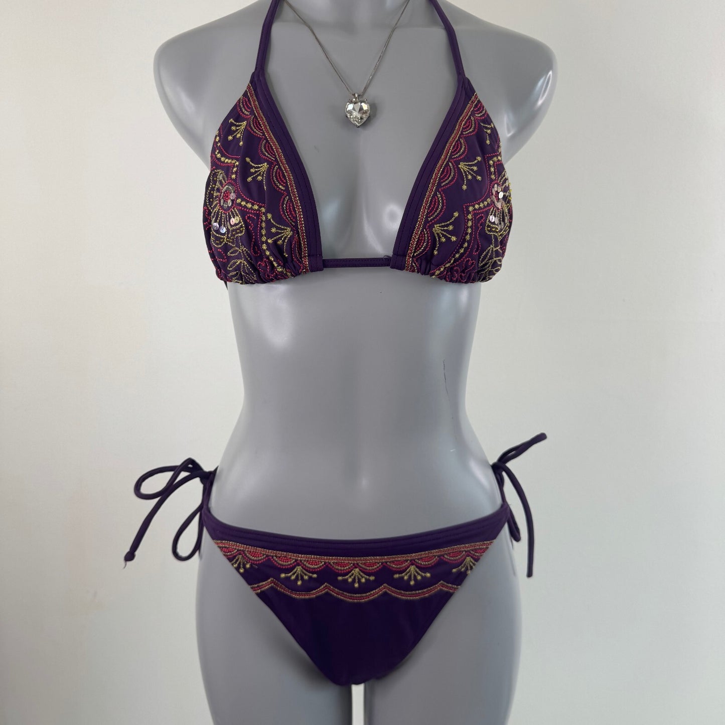Y2K vintage bikini set matching sequin embroidered tie bow boho halter