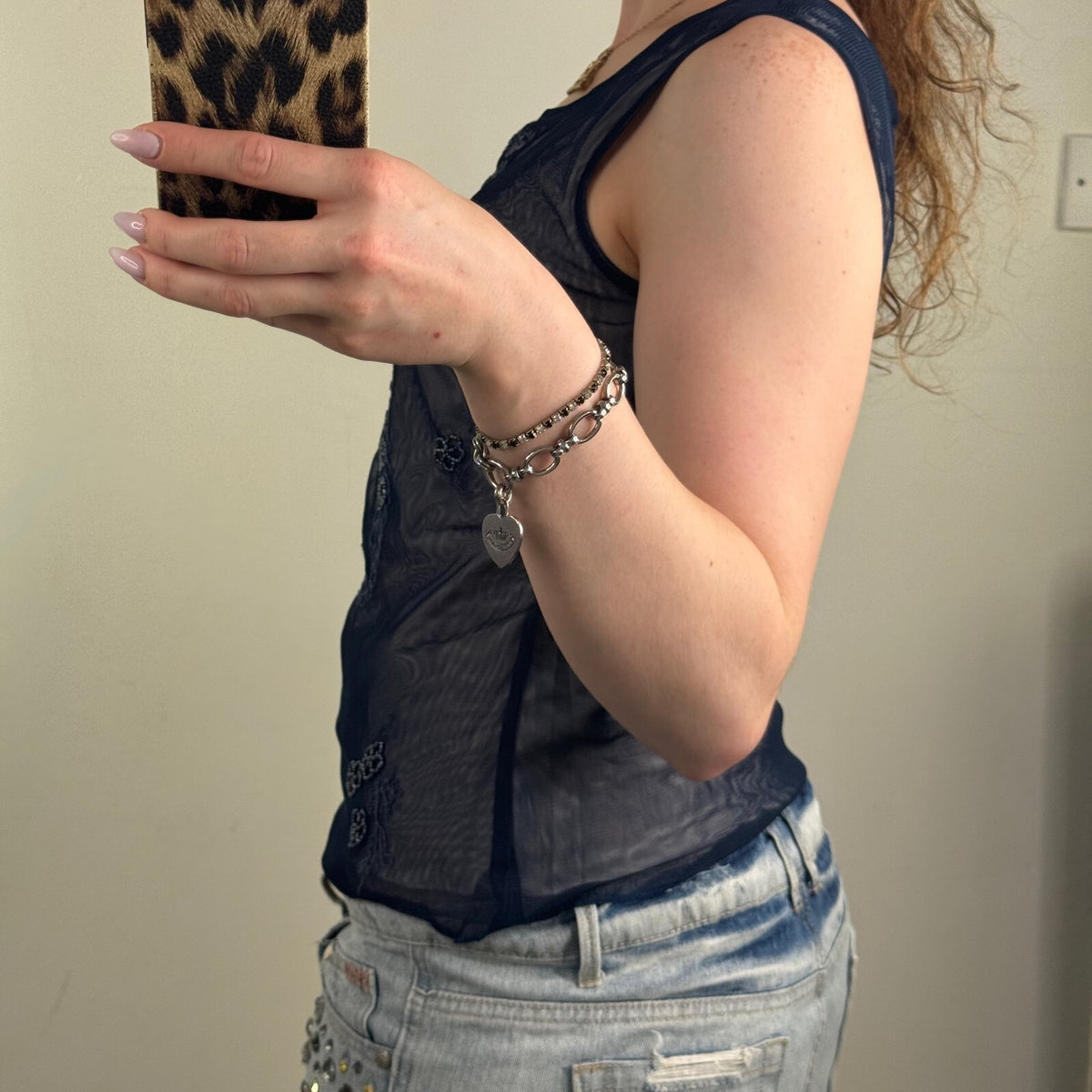 Y2K vintage tank top mesh beaded embellished navy floral paisley sleeveless