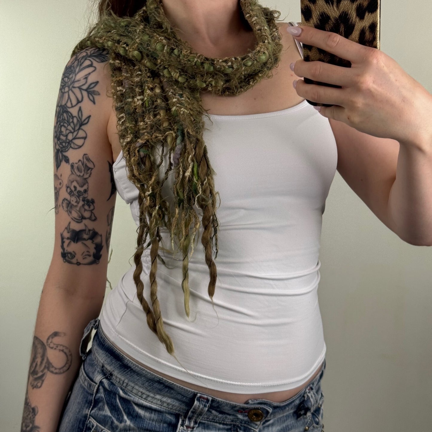 Y2K vintage scarf chunky knit fringe green fairy boho short