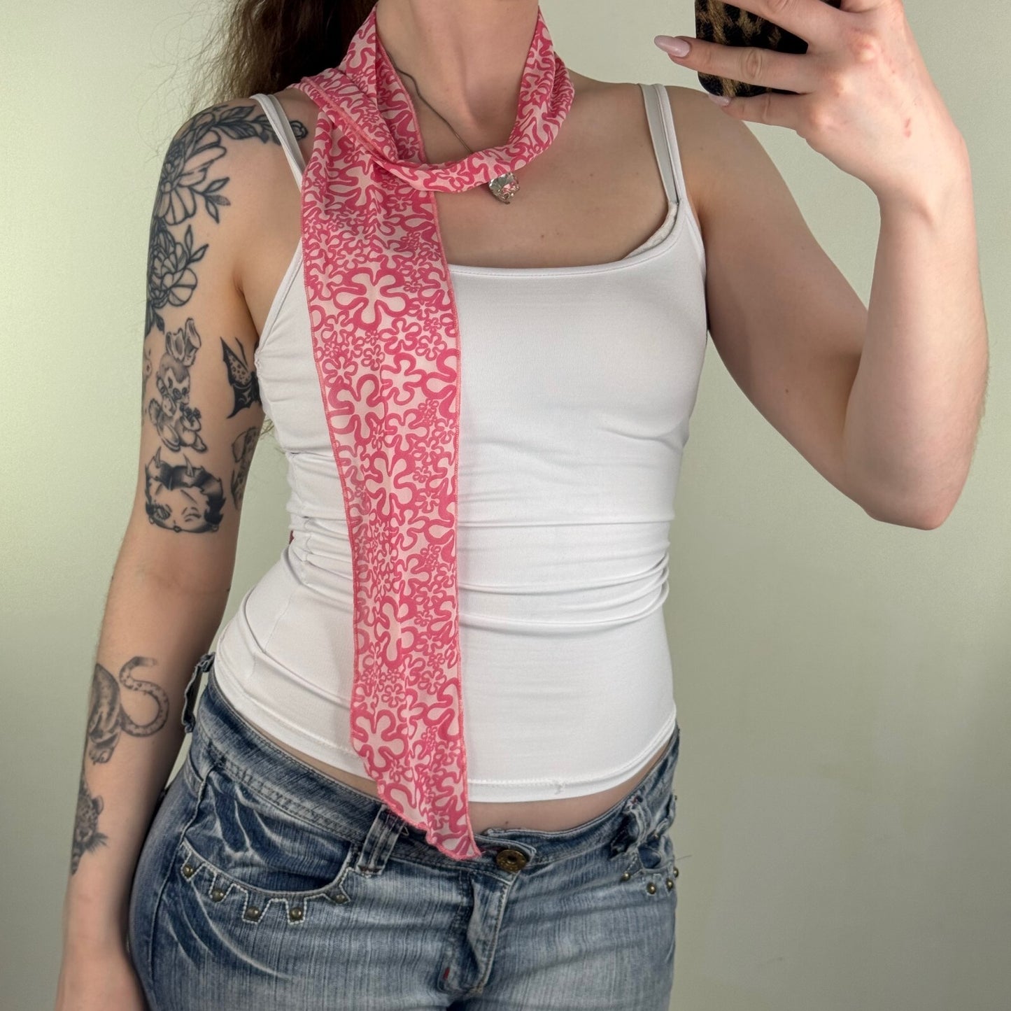 Y2K vintage scarf skinny thin sheer floral print white pink