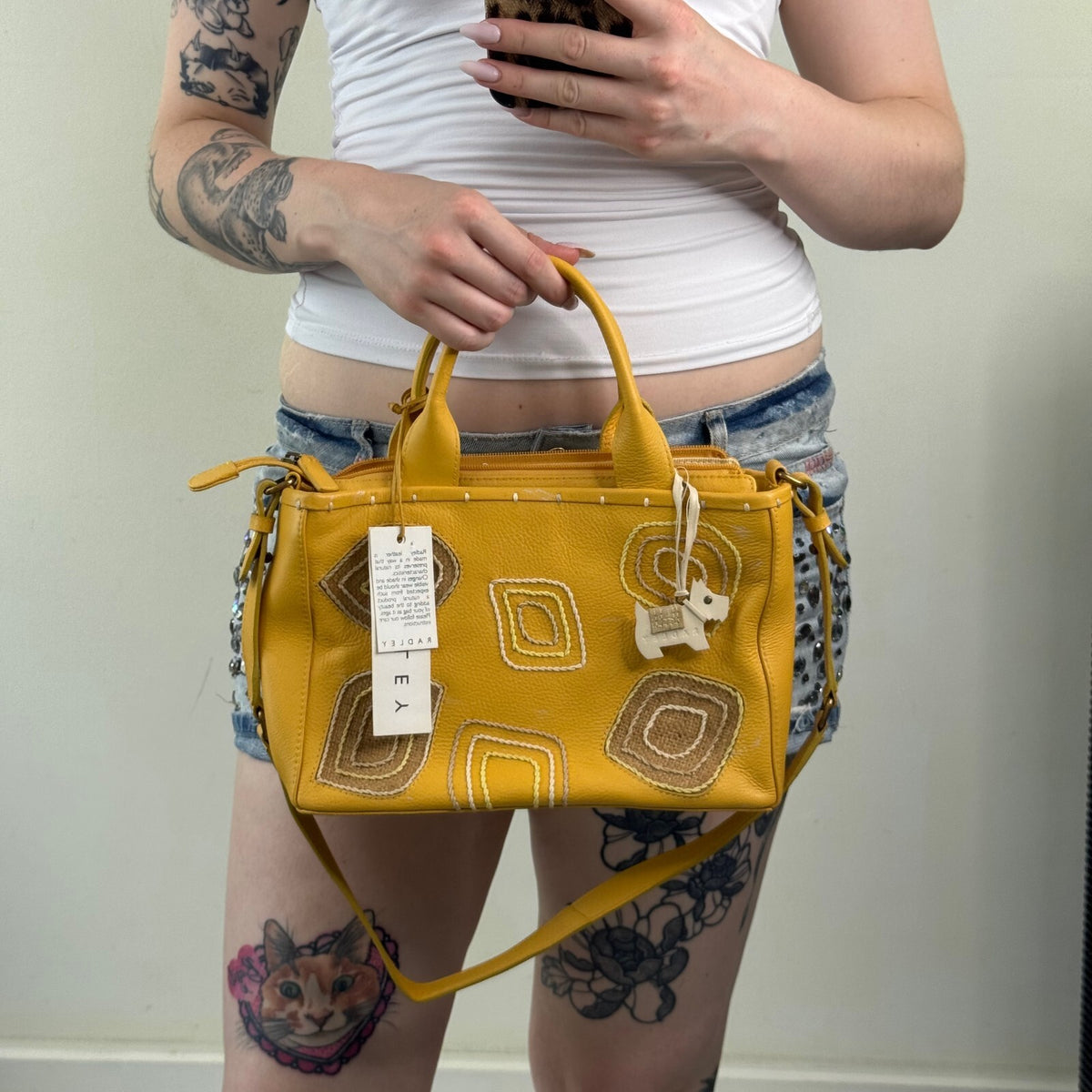 Radley Mustard Yellow Genuine Leather Embroidered Detail Handbag Shoulder Bag