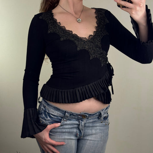 Y2K vintage long sleeve top wrap around flare sleeve pleated lace trim bow