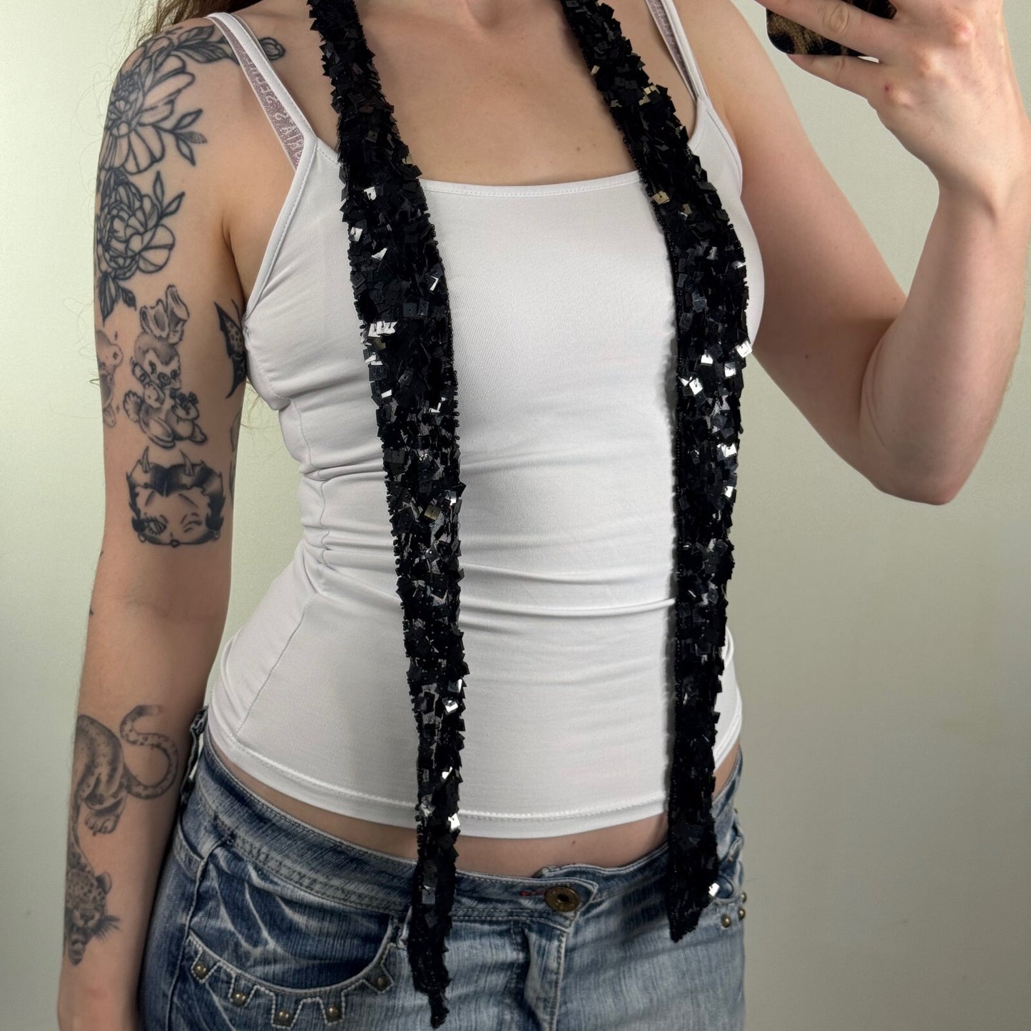 Y2K vintage scarf sequin skinny thin beaded mesh