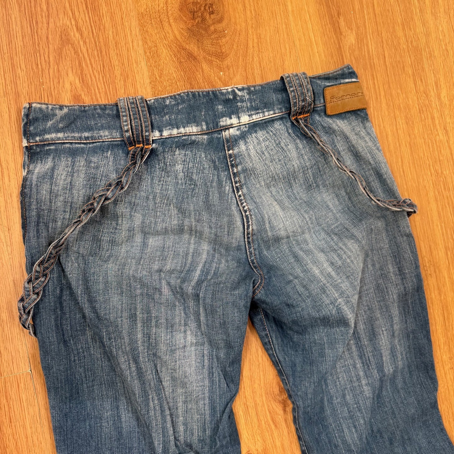 Y2K vintage bootcut denim jeans low rise braided faded mid blue wash