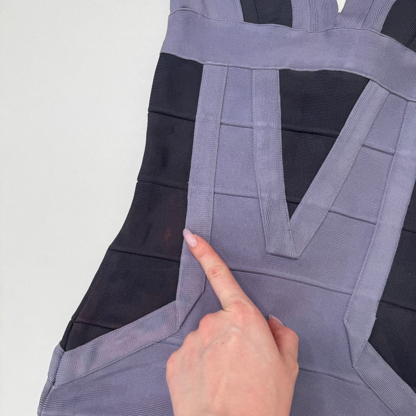 Vintage Hervé Léger bandage midi dress dusty lilac dark blue block colour