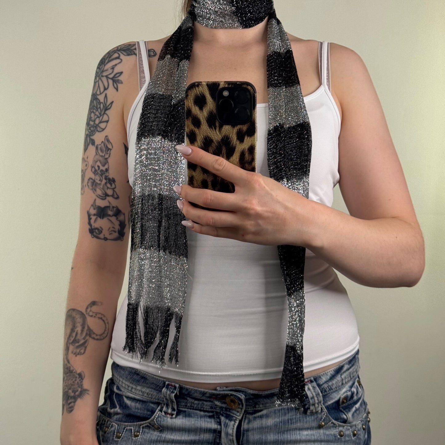 Y2K vintage scarf grey black stripe sparkly skinny thin mesh glitter
