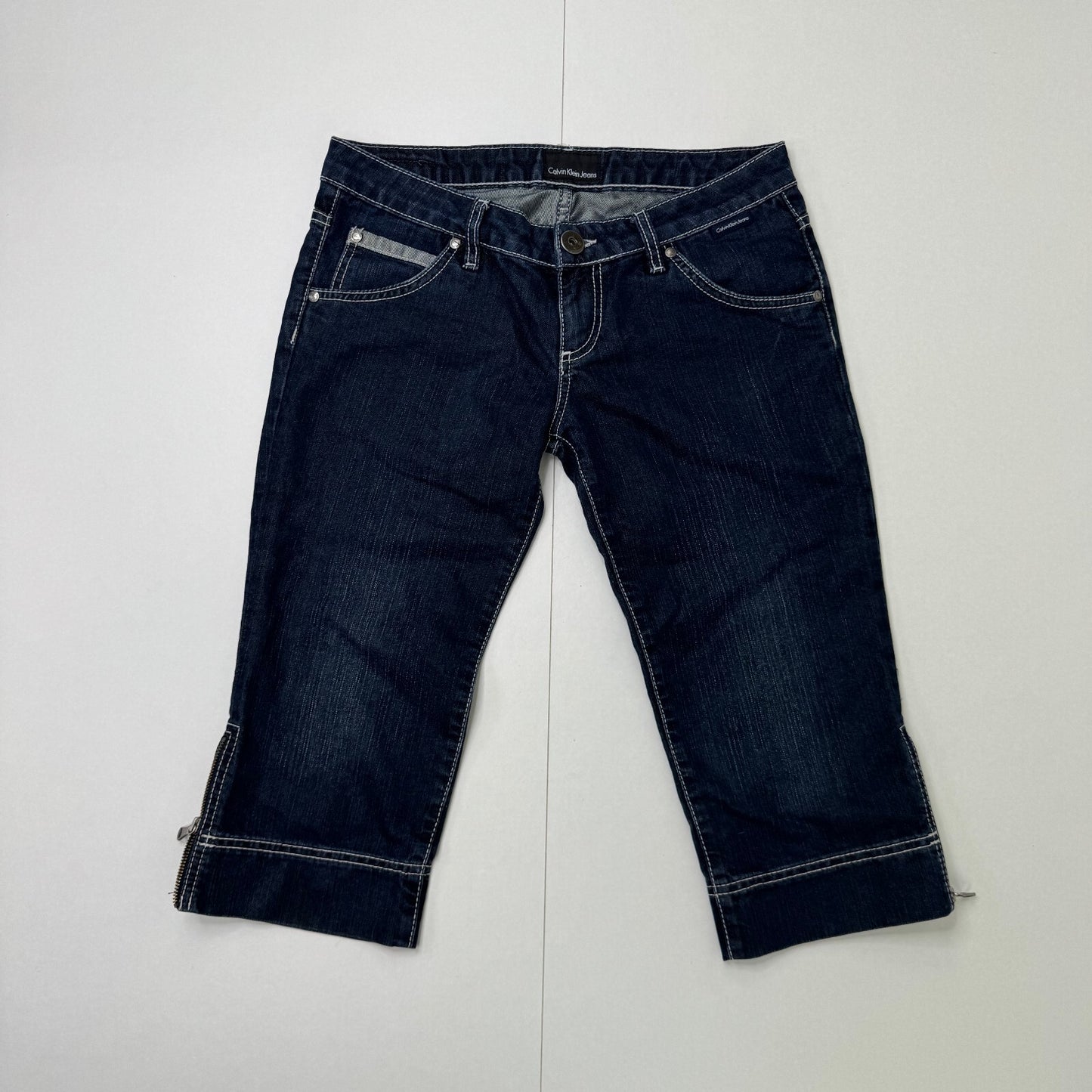 Y2K vintage Calvin Klein Jeans capri denim cropped dark blue wash stretchy zips
