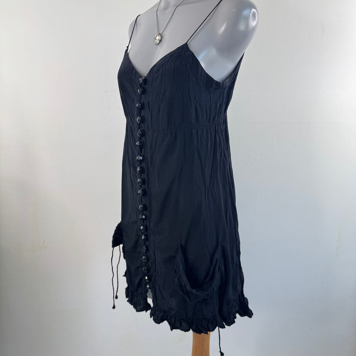 Y2K vintage silk mini dress ruffle button up pockets fairy boho coquette black