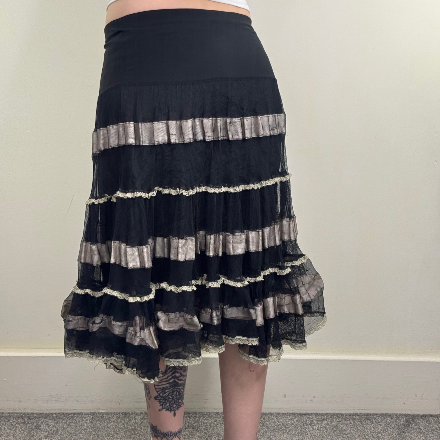 Y2K vintage maxi skirt tutu mesh frilly ruffle lace stretchy coquette