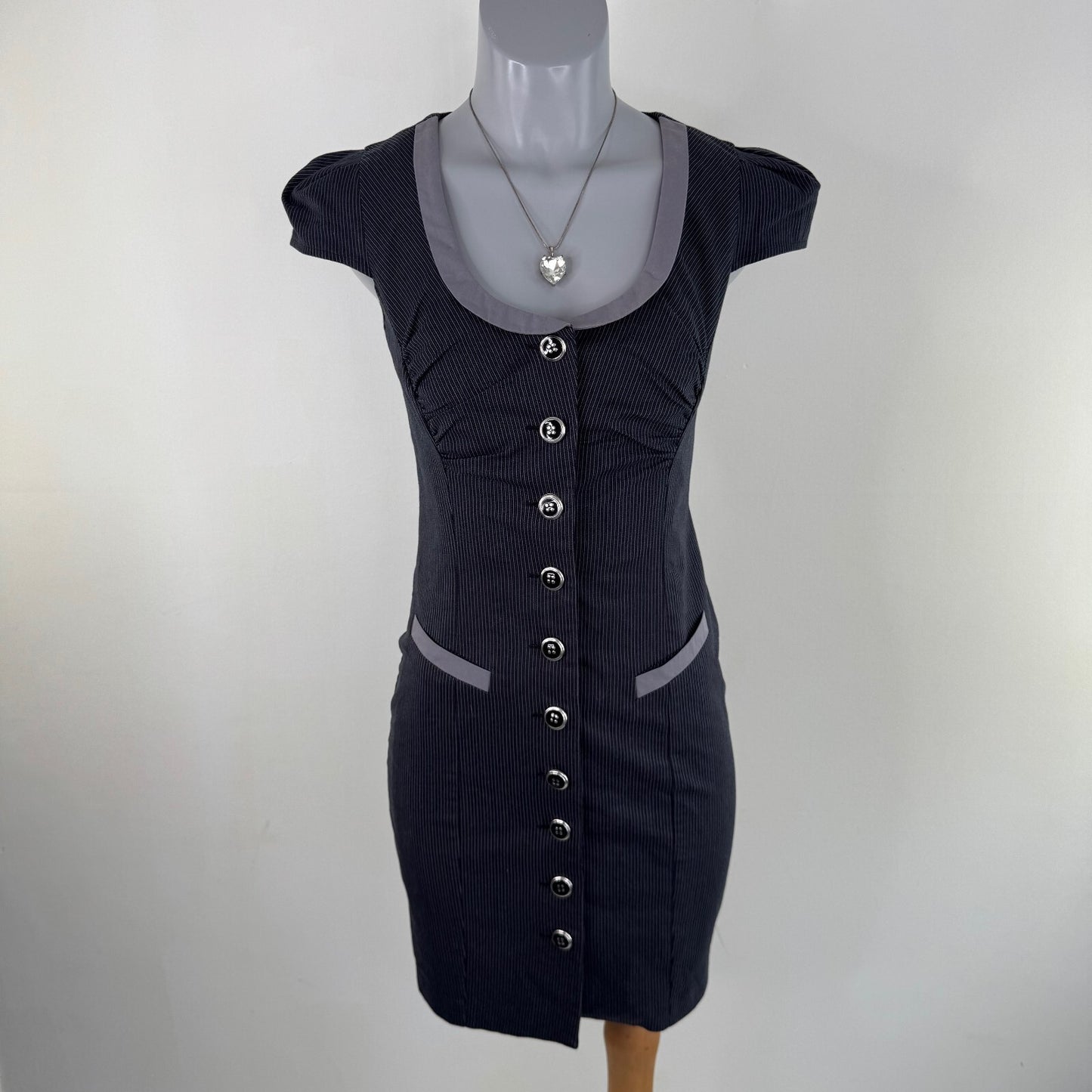 Y2K vintage pinstripe mini dress cap sleeve round neck fitted tailored pin up