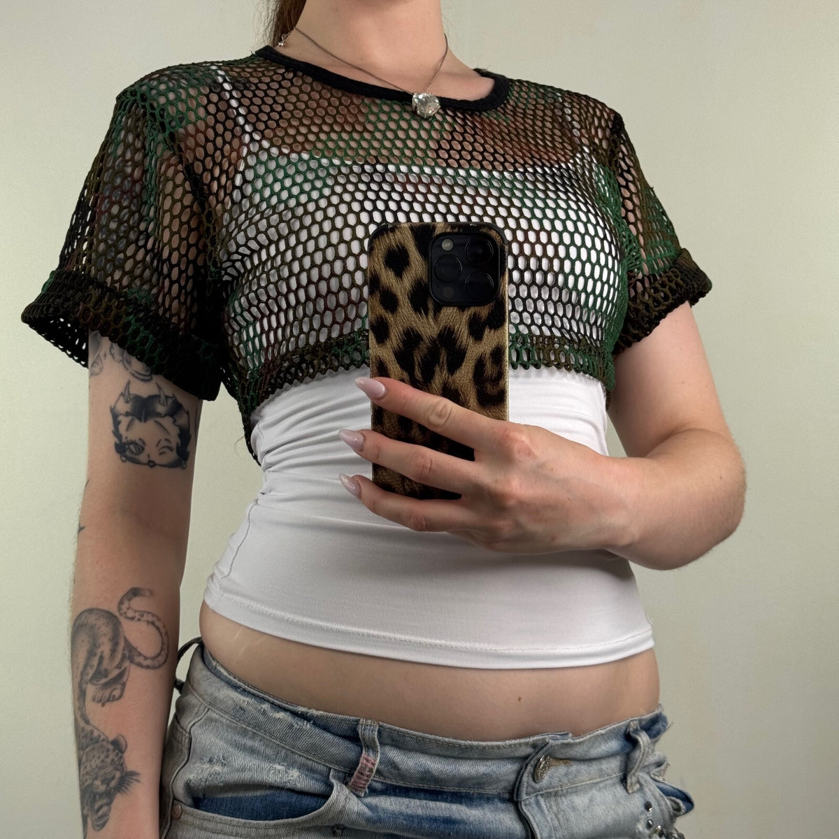 Y2K vintage super crop top camo print sheer short sleeve net sheer knit netted