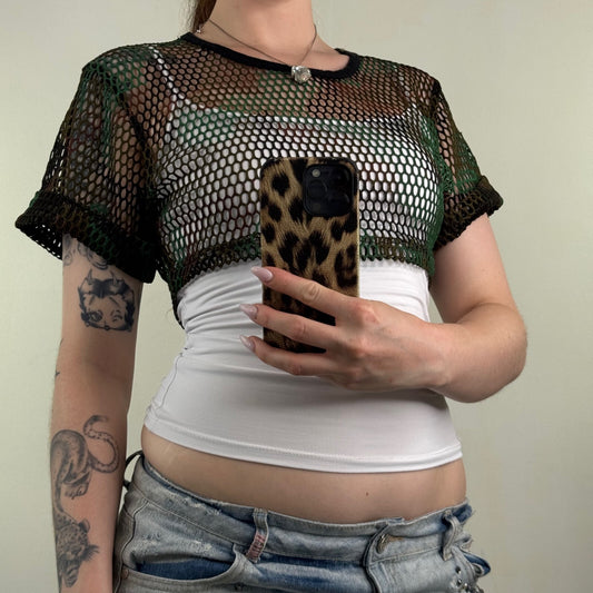 Y2K vintage super crop top camo print sheer short sleeve net sheer knit netted