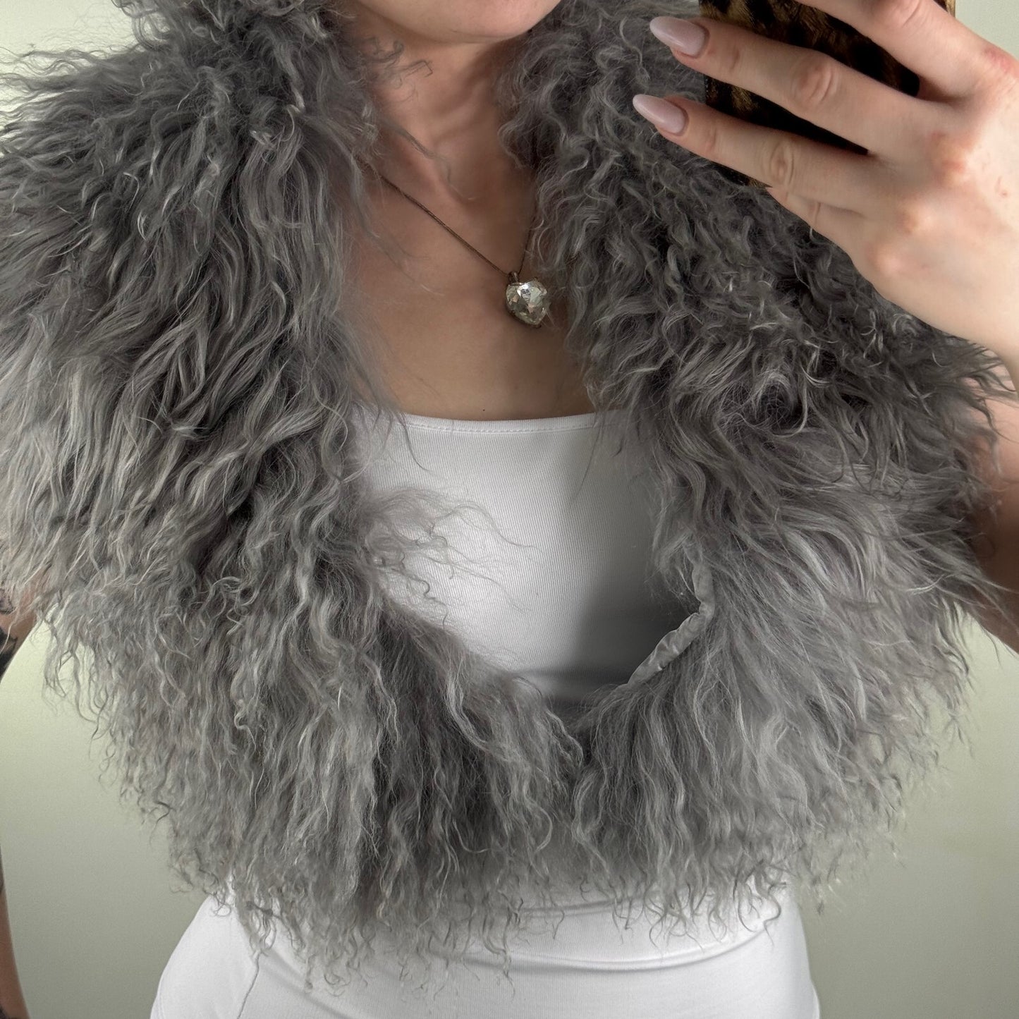 Vintage mongolian fur scarf shawl grey wool