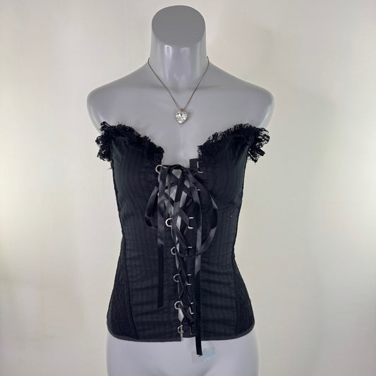 Y2K vintage corset top lace up frilly boned strapless stripe lace ruffle