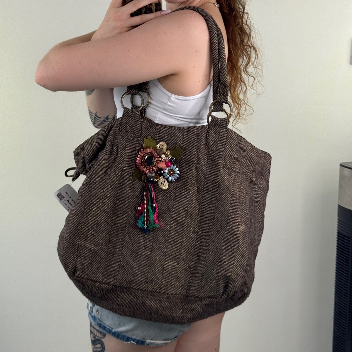 Y2K vintage large shoulder bag tweed boho slouchy floral embellished sparkly